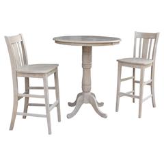 36" Round Extension Dining Table 40.9"H With 2 San Remo Bar height Stools, Washed Gray Taupe