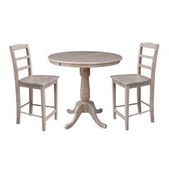 36" Round Extension Dining Table 34.9"H With 2 Madrid Counter height Stools, Washed Gray Taupe