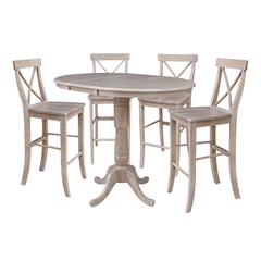 36" Round Extension Dining Table with Four Bar height Stools, Washed Gary Taupe, Washed Gray Taupe