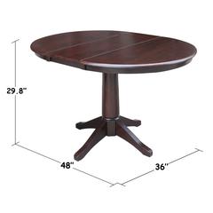 36" Round Top Pedestal Table With 12" Leaf - 28.9"H - Dining Height, Rich Mocha