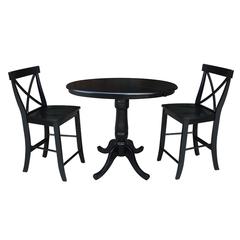 36" Round Extension Dining Table 34.9"H With 2 X-Back Counter height Stools, Black