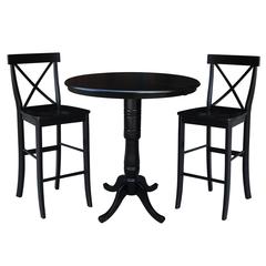 36" Round Extension Dining Table 40.9"H With 2 X-Back Bar height Stools, Black