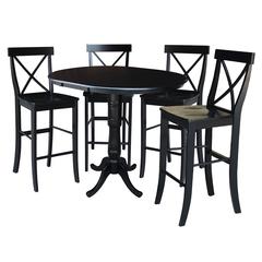 36" Round Extension Dining Table 40.9"H With 4 X-Back Bar height Stools, Black