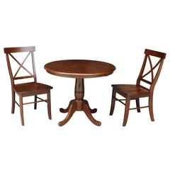 36" Round Top Pedestal Ext Table With 12" Leaf And 2 X-Back Chairs, Espresso