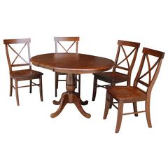 36" Round Top Pedestal Ext Table With 12" Leaf And 4 X-Back Chairs, Espresso