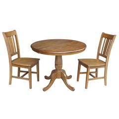 36" Round Top Pedestal Ext Table With 12" Leaf And 2 Rta Chairs, Pecan