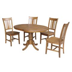 36" Round Top Pedestal Ext Table With 12" Leaf And 4 Rta Chairs, Pecan