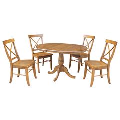 36" Round Top Pedestal Ext Table With 12" Leaf And 4 X-Back Rta Chairs, Pecan