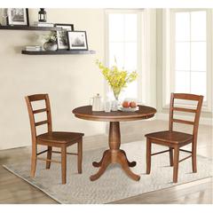 36" Round Extension Dining Table with Leaf and Two Madrid Ladderback Chairs - 3 Piece Dining Set, Distressed Oak