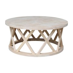 Unfinished Round Coffee Table with Parawood Construction and Sturdy Design