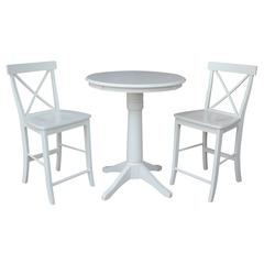 30" Round Pedestal Gathering Height Table With 2 X-Back Counter Height Stools