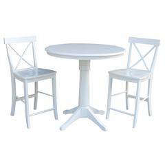 36" Round Pedestal Gathering Height Table With 2 X-Back Counter Height Stools