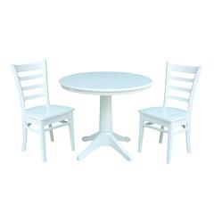 36" Round Extension Dining Table With 2 Emily Chairs, White