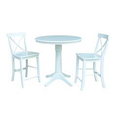 36" Round Extension Dining Table 34.9"H With 2 X-Back Counter height Stools, White