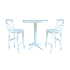 36" Round Extension Dining Table 40.9"H With 2 X-Back Bar height Stools, White