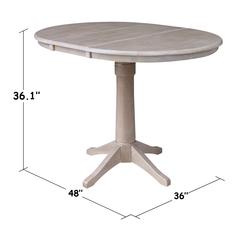36" Round Top Pedestal Table With 12" Leaf - 34.9"H - Dining or Counter Height, Washed Gray Taupe