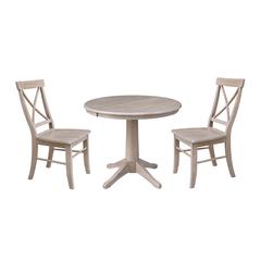 36" Round Extension Dining Table With 2 X-Back Chairs, Washed Gray Taupe