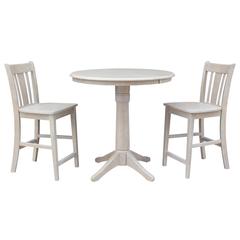 36" Round Extension Dining Table 34.9"H With 2 San Remo Counter height Stools, Washed Gray Taupe