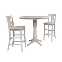 36" Round Extension Dining Table 40.9"H With 2 San Remo Bar height Stools, Washed Gray Taupe