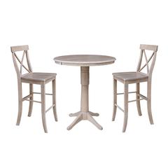 36" Round Extension Dining Table 40.9"H With 2 X-Back Bar height Stools, Washed Gray Taupe