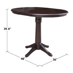 36" Round Top Pedestal Table With 12" Leaf - 34.9"H - Dining or Counter Height, Rich Mocha