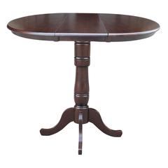 36" Round Top Pedestal Table With 12" Leaf - 40.9"H - Bar Height, Rich Mocha