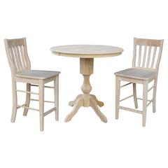 36" Round Extension Dining Table 34.9"H With 2 Cafe Counter height Stools, Unfinished