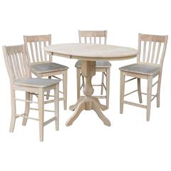 36" Round Extension Dining Table 34.9"H With 4 Cafe Counter height Stools, Unfinished