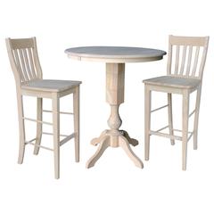 36" Round Extension Dining Table 40.9"H With 2 Cafe Bar height Stools, Unfinished