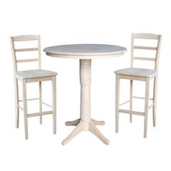 36" Round Extension Dining Table 40.9"H With 2 Madrid Bar height Stools, Unfinished