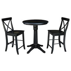 30" Round Pedestal Gathering Height Table With 2 X-Back Counter Height Stools