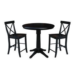 36" Round Extension Dining Table 34.9"H With 2 X-Back Counter height Stools, Black