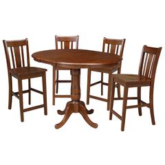 36" Round Top Pedestal Ext Table With 12" Leaf And 4 San Remo Rta Counter Height Stools, Espresso