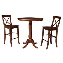 36" Round Top Pedestal Ext Table Bar Height With 12" Leaf And 2 Rta X-Back Barstools, Espresso