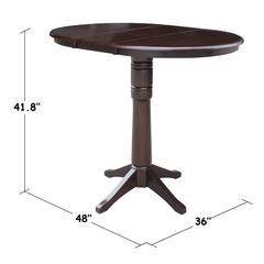 36" Round Top Pedestal Table With 12" Leaf - 40.9"H - Dining, Counter, or Bar Height, Rich Mocha