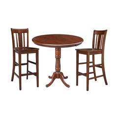 36" Round Top Pedestal Ext Table Bar Height With 12" Leaf And 2 Rta San Remo Barstools, Espresso