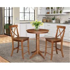 30" Round Pedestal Gathering Height Table with 2 X-Back Counter Height Stools