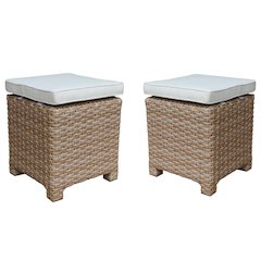 Outdoor Set of Two Wicker Stools with Cushions, Natural