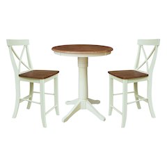 30" round Pedestal gathering Height table with 2 x-Back counter Height Stools