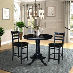 36", Round Counter Height Extension Dining Table with 12" Leaf and 2 Emily Counter Height Stools - 3 Piece Set, Black