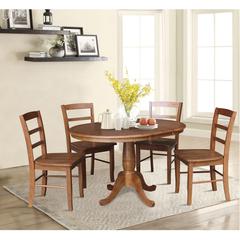 36" Round Extension Dining Table with Leaf and 4 Madrid Ladderback Chairs - Five Piece Dining Set, Distressed Oak