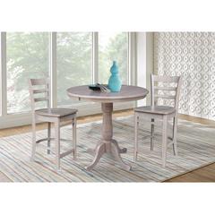 36" Round Extension Dining Table with 2 Madrid Counter Height Stools - 3 Piece Set, Washed Gray Taupe