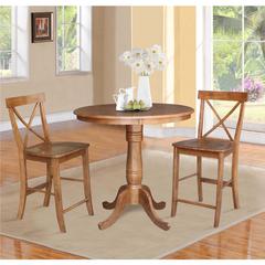 36" Round Pedestal Gathering Height Table with 2 X-Back Counter Height Stools