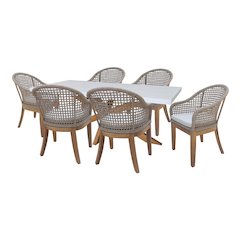 Outdoor 7 Piece Teak Patio Furniture Set with a Table and 6 Chairs,Natural/White