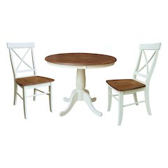 36" Solid Wood Round Top Pedestal Dining Table with 2 X-back Dining Chairs