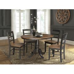 36" Round Extension Dining Table with Leaf and 4 Madrid Ladderback Chairs - 5 Piece Dining Set, Hickory/Washed coal