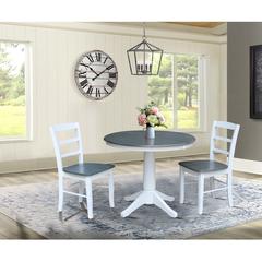 36" Round Extension Dining Table with 2 Madrid Ladderback Chairs - 3 Piece Dining Set, White,Heather Gray
