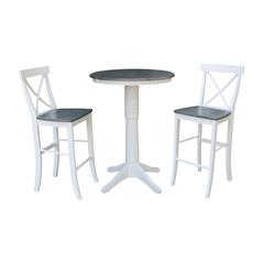30" round pedestal bar Height table with 2 x-back  barHeight stools