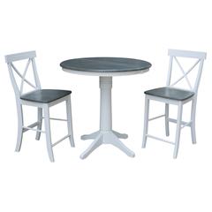 36" Round Extension Dining Table With 2 X-Back Counter Height Stools