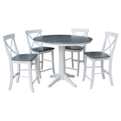 36" Round Extension Dining Table With 4 X-Back Counter Height Stools